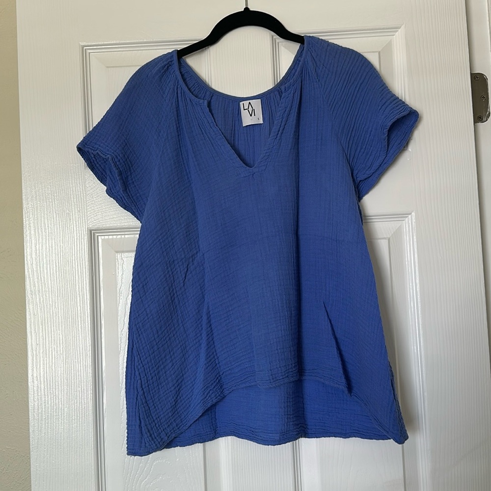 Nieves Lavi Blue Blouse V-Neck Top Cotton Women’s Small